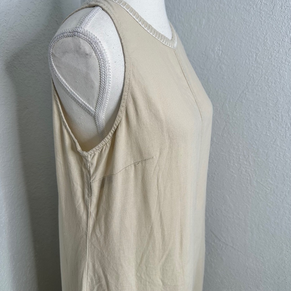 Magashoni Linen blend Sleeveless Tan Beige Midi Dress Embroidered Trim size med - Picture 2 of 9